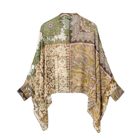 Summer Print Cape Boho Button Up Long Sleeve Patchwork Top + Pant 2 Piece Set CODE: KAR2140