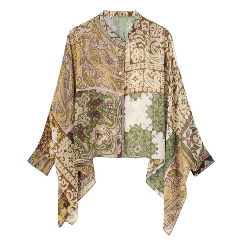 Summer Print Cape Boho Button Up Long Sleeve Patchwork Top + Pant 2 Piece Set CODE: KAR2140