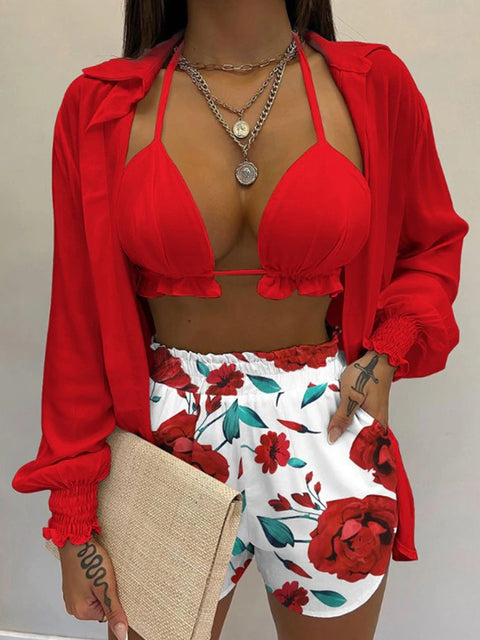 Summer New High Waist Bikini Sexy Shorts Cover Up Print Three Pieces Set Swimwear CODE: KAR2175