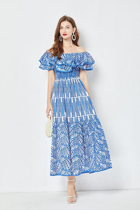 Summer Ruffles Slash Neck Hollow Out Embroidery Long Dress CODE: KAR2176
