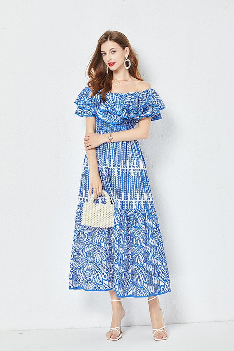 Summer Ruffles Slash Neck Hollow Out Embroidery Long Dress CODE: KAR2176