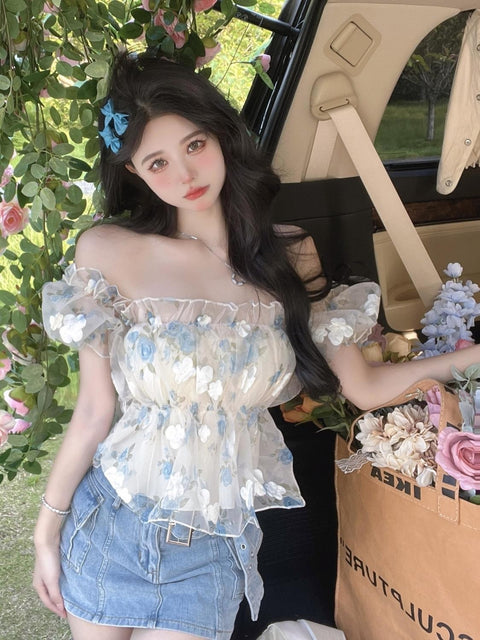 Sexy Floral Slash Neck Sweet Lovely Crop Top CODE: KAR2196