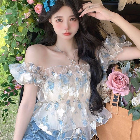 Sexy Floral Slash Neck Sweet Lovely Crop Top CODE: KAR2196