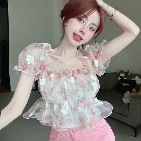 Sexy Floral Slash Neck Sweet Lovely Crop Top CODE: KAR2196