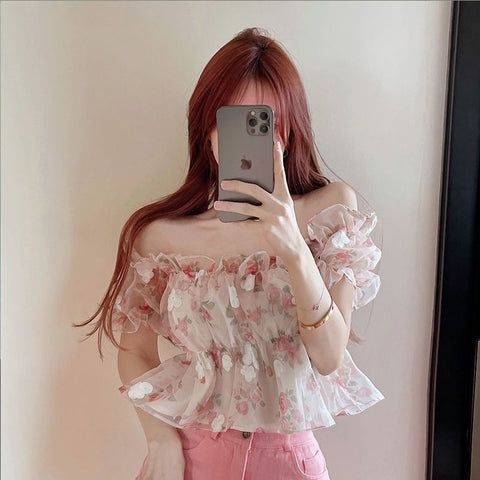 Sexy Floral Slash Neck Sweet Lovely Crop Top CODE: KAR2196