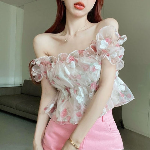 Sexy Floral Slash Neck Sweet Lovely Crop Top CODE: KAR2196