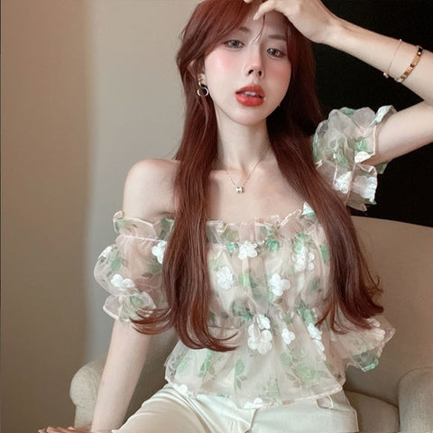 Sexy Floral Slash Neck Sweet Lovely Crop Top CODE: KAR2196