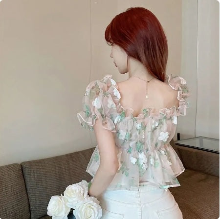 Sexy Floral Slash Neck Sweet Lovely Crop Top CODE: KAR2196