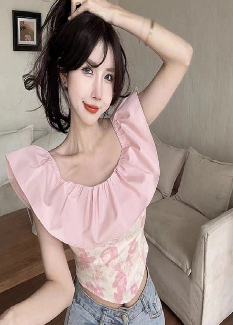 New Patchwork Sweet style Off shoulder Ruffled leaf sleeves Slim fit top CODE: KAR2197