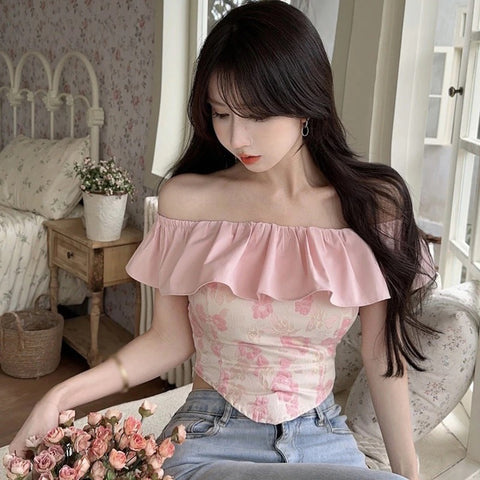 New Patchwork Sweet style Off shoulder Ruffled leaf sleeves Slim fit top CODE: KAR2197