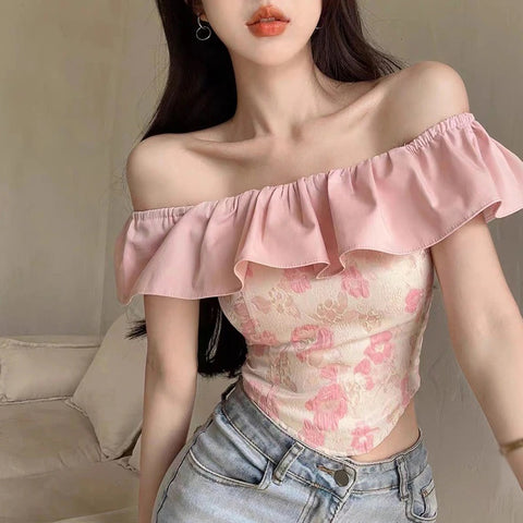 New Patchwork Sweet style Off shoulder Ruffled leaf sleeves Slim fit top CODE: KAR2197