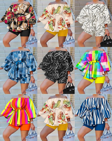 Summer Fashion Print Slash Neck Off Shoulder Ruffle Top Short Two Piece Set CODE: KAR2210