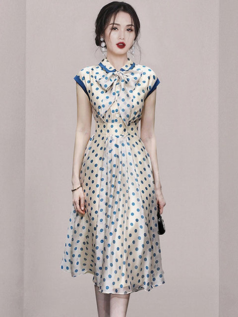 New Fashion Bow Neck Slim Waist Big Swinging Short Sleeve Dot Print Dress CODE: KAR2232