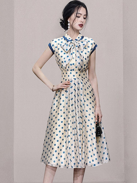 New Fashion Bow Neck Slim Waist Big Swinging Short Sleeve Dot Print Dress CODE: KAR2232
