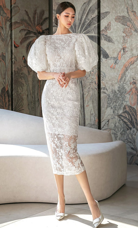 Summer New Elegant Puff Sleeved Long Lace White Lace Dress CODE: KAR2237