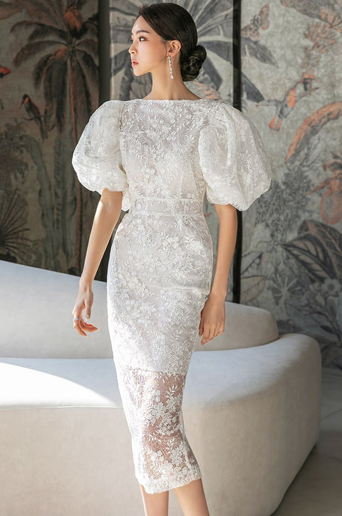 Summer New Elegant Puff Sleeved Long Lace White Lace Dress CODE: KAR2237