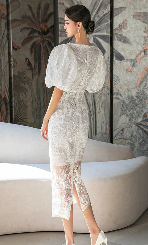 Summer New Elegant Puff Sleeved Long Lace White Lace Dress CODE: KAR2237