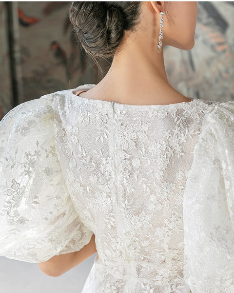 Summer New Elegant Puff Sleeved Long Lace White Lace Dress CODE: KAR2237