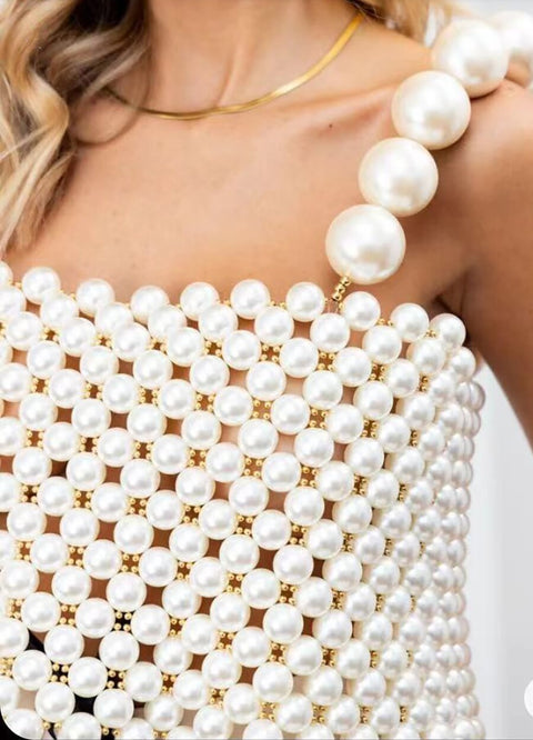 New Pearls Square Neck Sleeveless Backless Straps Casual Beads Tank Top CODE: KAR2250
