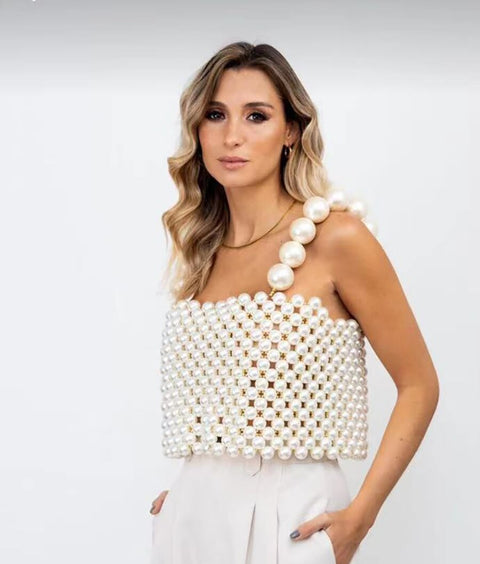 New Pearls Square Neck Sleeveless Backless Straps Casual Beads Tank Top CODE: KAR2250