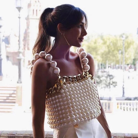 New Pearls Square Neck Sleeveless Backless Straps Casual Beads Tank Top CODE: KAR2250