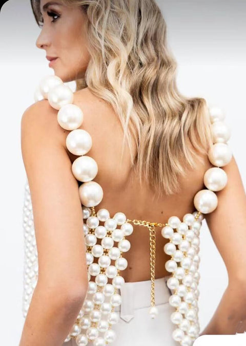 New Pearls Square Neck Sleeveless Backless Straps Casual Beads Tank Top CODE: KAR2250