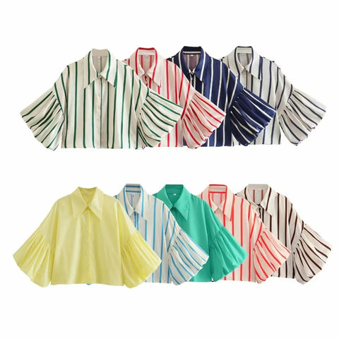 New Fashion Loose Bubble Sleeve Printed Striped Shirt CODE: KAR2268