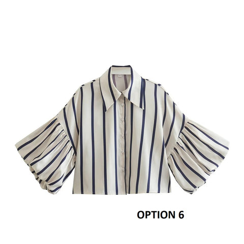 New Fashion Loose Bubble Sleeve Printed Striped Shirt CODE: KAR2268