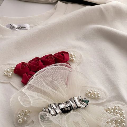 Summer Beaded Fashion Mesh Rose Flowers Bear Tees Loose Short Sleeve T Shirt CODE: KAR2272