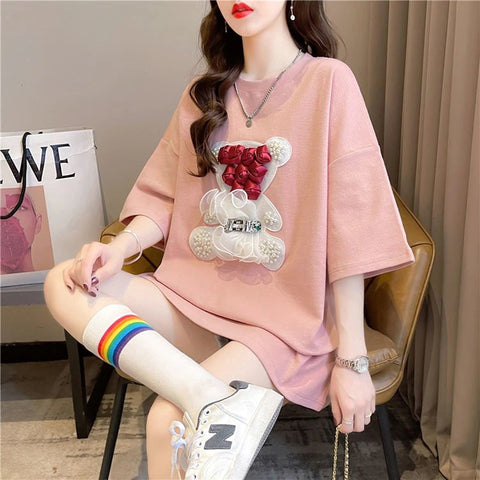Summer Beaded Fashion Mesh Rose Flowers Bear Tees Loose Short Sleeve T Shirt CODE: KAR2272