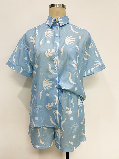 Summer Turn Down Collar Hand-Painted Pocket Shirt Elastic Waist Printed Loose Short Set CODE: KAR2273