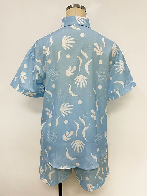 Summer Turn Down Collar Hand-Painted Pocket Shirt Elastic Waist Printed Loose Short Set CODE: KAR2273