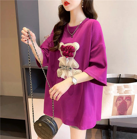 Summer Beaded Fashion Mesh Rose Flowers Bear Tees Loose Short Sleeve T Shirt CODE: KAR2272