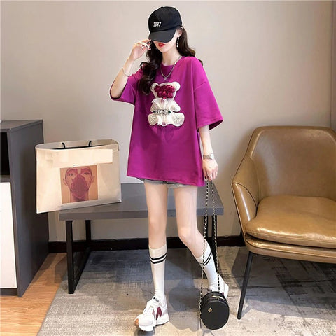 Summer Beaded Fashion Mesh Rose Flowers Bear Tees Loose Short Sleeve T Shirt CODE: KAR2272