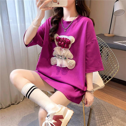 Summer Beaded Fashion Mesh Rose Flowers Bear Tees Loose Short Sleeve T Shirt CODE: KAR2272