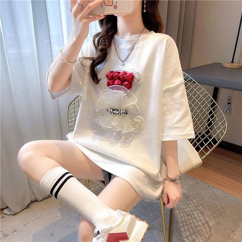 Summer Beaded Fashion Mesh Rose Flowers Bear Tees Loose Short Sleeve T Shirt CODE: KAR2272