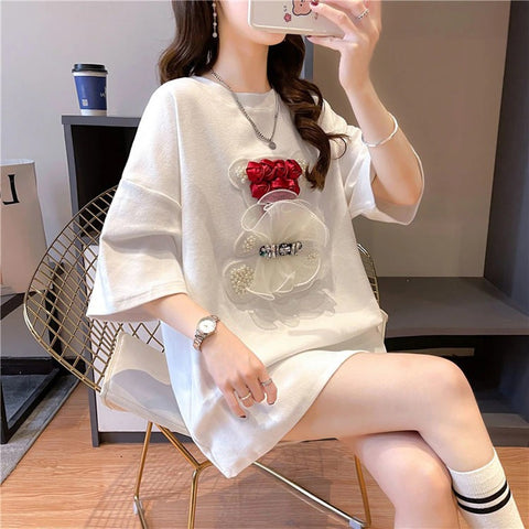 Summer Beaded Fashion Mesh Rose Flowers Bear Tees Loose Short Sleeve T Shirt CODE: KAR2272