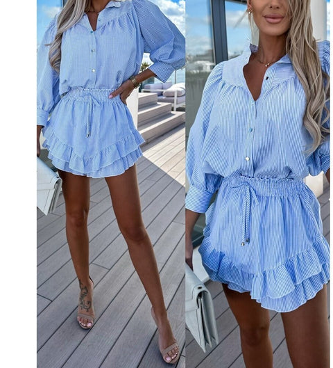 Summer Casual Sweet Bow Striped  Elegant Princess Sleeve  Shirt & Tierred Frill Mini Skirt Set CODE: KAR2278