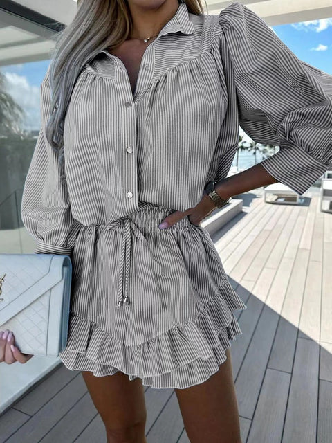 Summer Casual Sweet Bow Striped  Elegant Princess Sleeve  Shirt & Tierred Frill Mini Skirt Set CODE: KAR2278