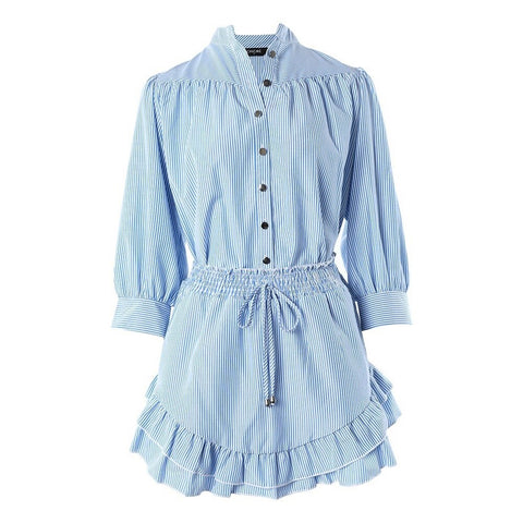 Summer Casual Sweet Bow Striped  Elegant Princess Sleeve  Shirt & Tierred Frill Mini Skirt Set CODE: KAR2278