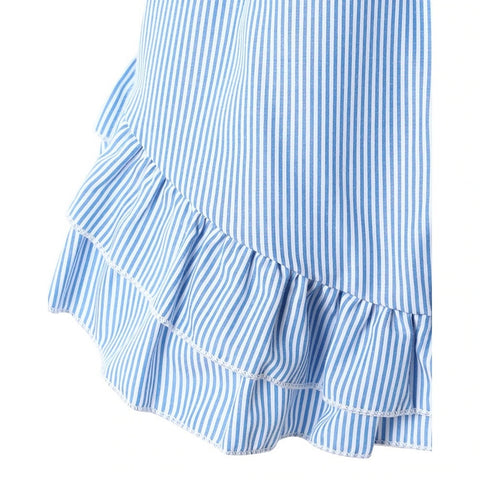 Summer Casual Sweet Bow Striped  Elegant Princess Sleeve  Shirt & Tierred Frill Mini Skirt Set CODE: KAR2278