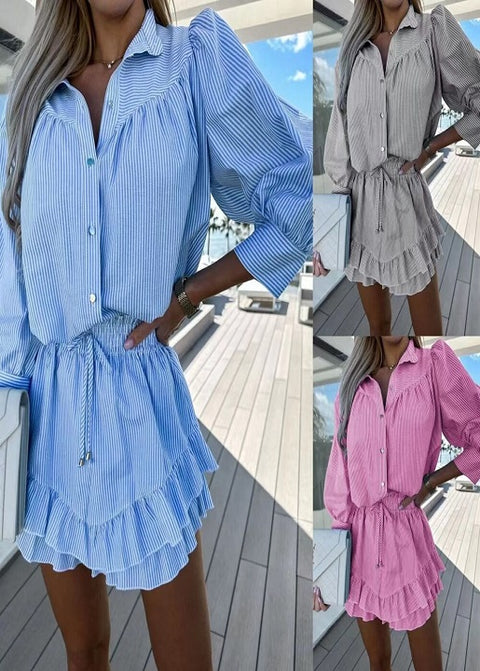 Summer Casual Sweet Bow Striped  Elegant Princess Sleeve  Shirt & Tierred Frill Mini Skirt Set CODE: KAR2278