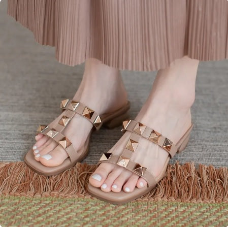 New Fashion Studded Decorative Ankle Buckle Strap Low Square Heel Open Toe Sandal CODE: KAR2284