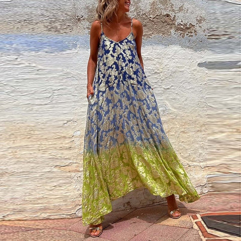 Summer Elegant Pattern Print Fashion V Neck Pockets Sleeveless Long Dress CODE: KAR2294