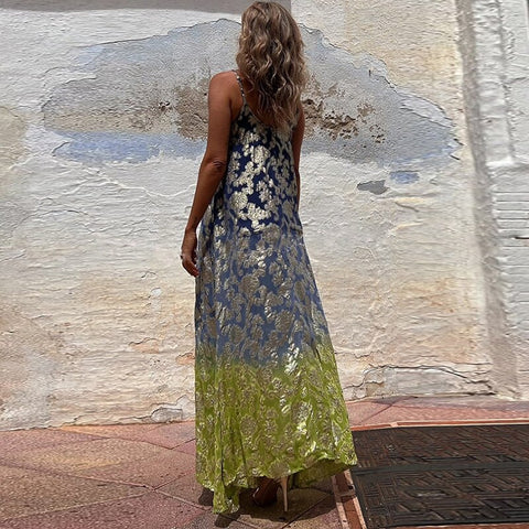 Summer Elegant Pattern Print Fashion V Neck Pockets Sleeveless Long Dress CODE: KAR2294
