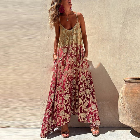 Summer Elegant Pattern Print Fashion V Neck Pockets Sleeveless Long Dress CODE: KAR2294