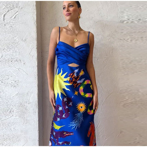 Summer Sexy Painted Sleeveless High Waist Strap Slip Robe Dress CODE: KAR2295