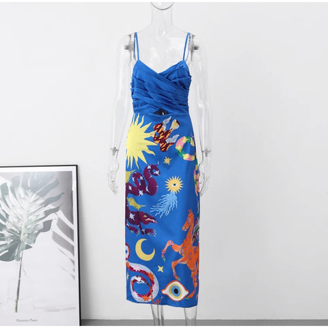 Summer Sexy Painted Sleeveless High Waist Strap Slip Robe Dress CODE: KAR2295