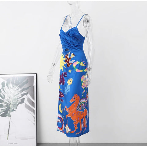 Summer Sexy Painted Sleeveless High Waist Strap Slip Robe Dress CODE: KAR2295
