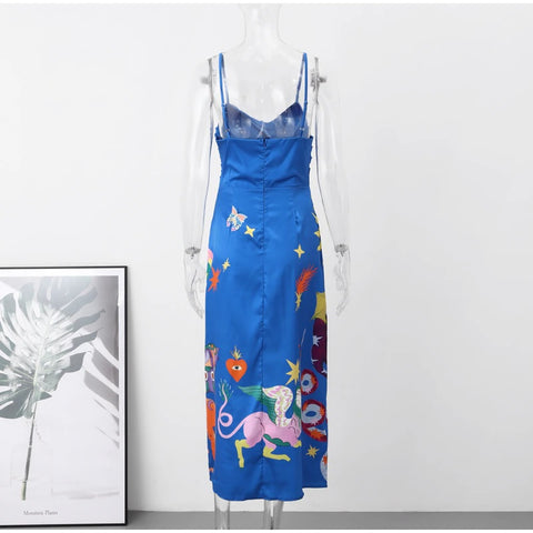 Summer Sexy Painted Sleeveless High Waist Strap Slip Robe Dress CODE: KAR2295